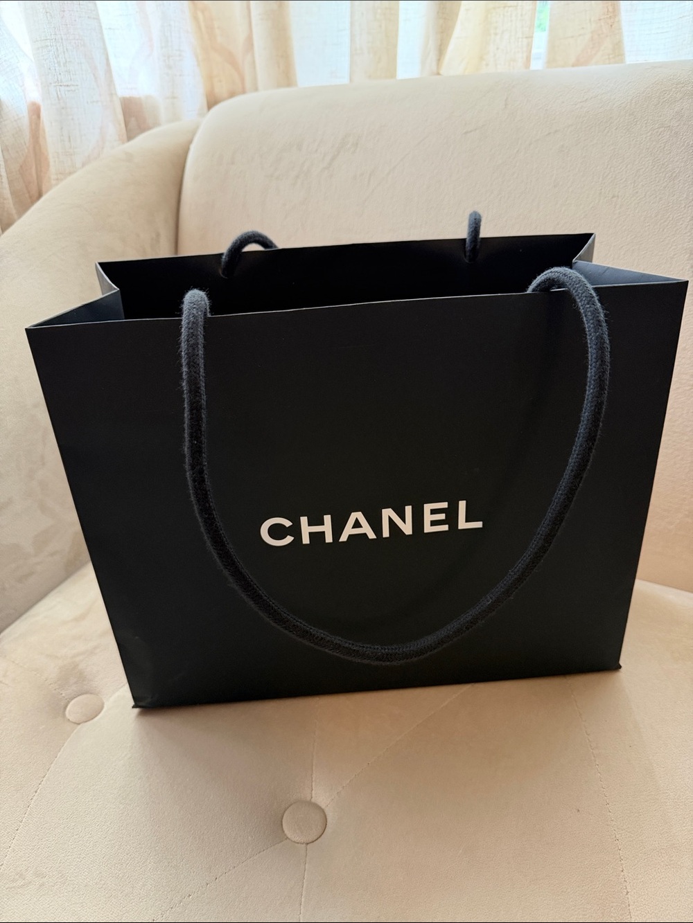 CHANEL Black and White Logo Shopping Bag with Rope Handles
